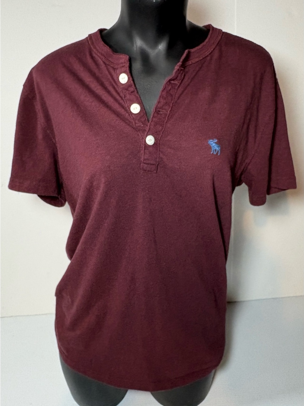 Abercrombie & Fitch Maroon Short-Sleeve Henley with Blue Logo